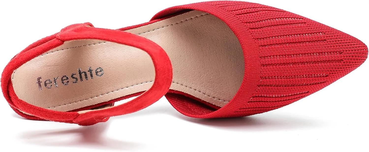 fereshte Women's Low Kitten Heels Knit Pumps Elastic Ankle Strap Slingback Dress Shoes