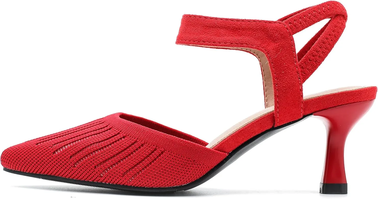fereshte Women's Low Kitten Heels Knit Pumps Elastic Ankle Strap Slingback Dress Shoes