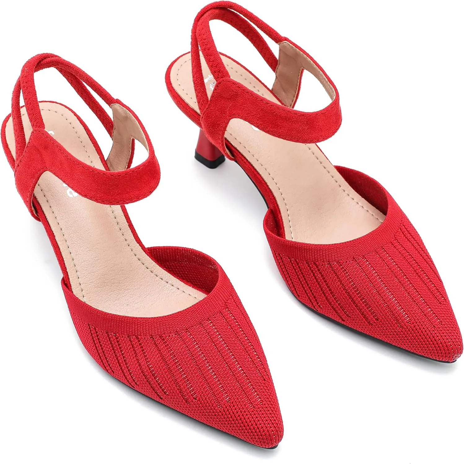fereshte Women's Low Kitten Heels Knit Pumps Elastic Ankle Strap Slingback Dress Shoes