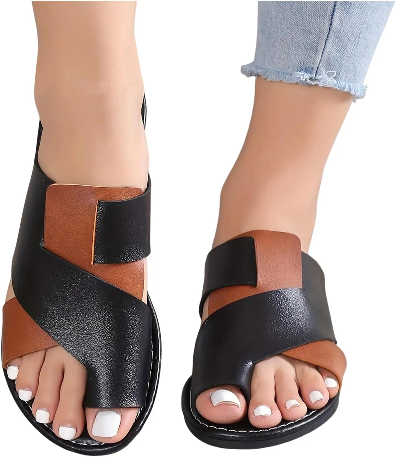 Flat Sandals for Women 2025 Color Block Flat Ring Toe Thong Sandals Fashion Casual Beach Summer Slip On Slides Slippers