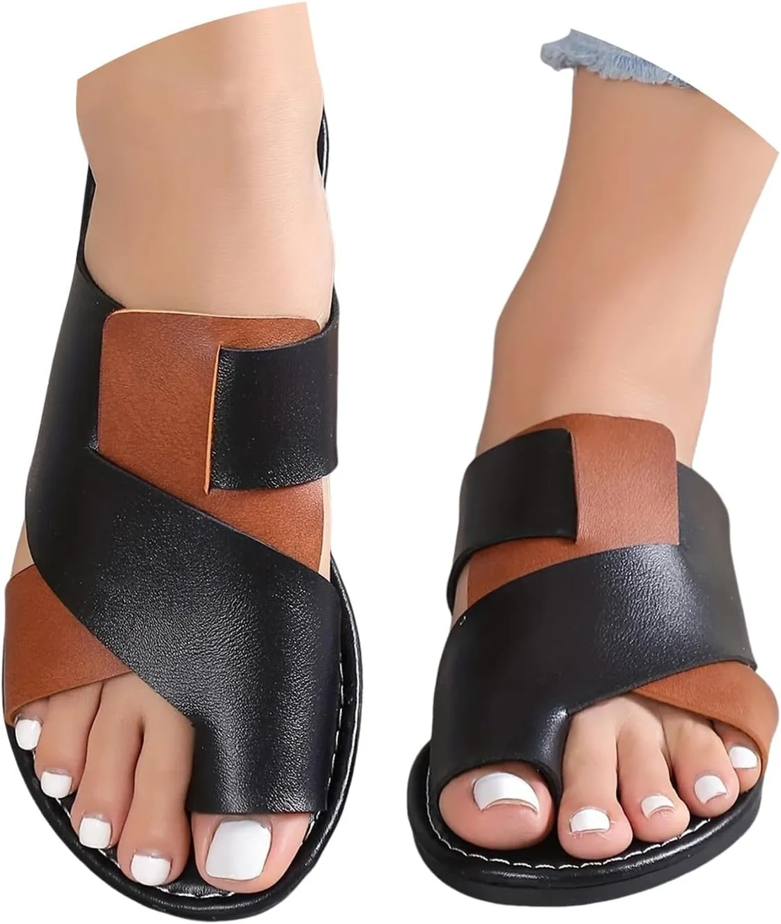 Flat Sandals for Women 2025 Color Block Flat Ring Toe Thong Sandals Fashion Casual Beach Summer Slip On Slides Slippers