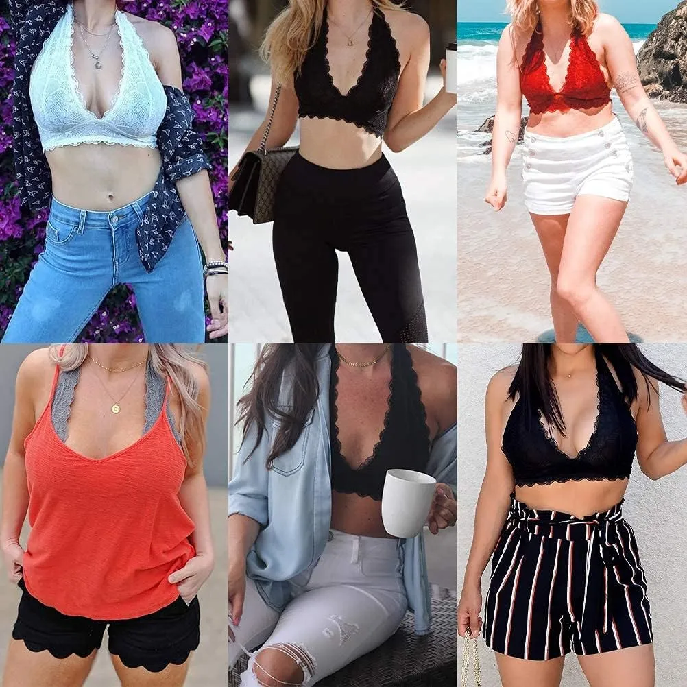 Floral Lace Halter Bras for Women Wirefree Unpadded Halter Bralette Breathable Sexy Deep V Lace Bralette