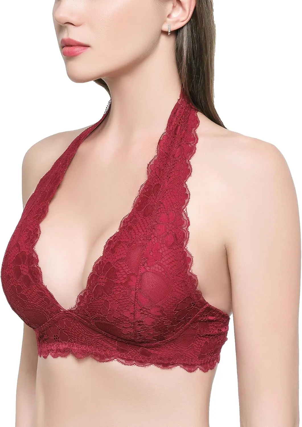 Floral Lace Halter Bras for Women Wirefree Unpadded Halter Bralette Breathable Sexy Deep V Lace Bralette