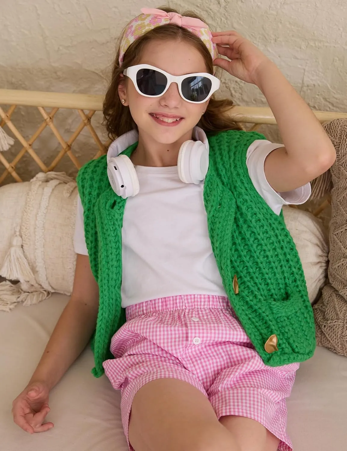 Flygo Girls Sweater Vest Chunky Button Down Crochet Knit Cardigan Trendy Sleeveless Sweaters Top with Pockets 5-14 Years