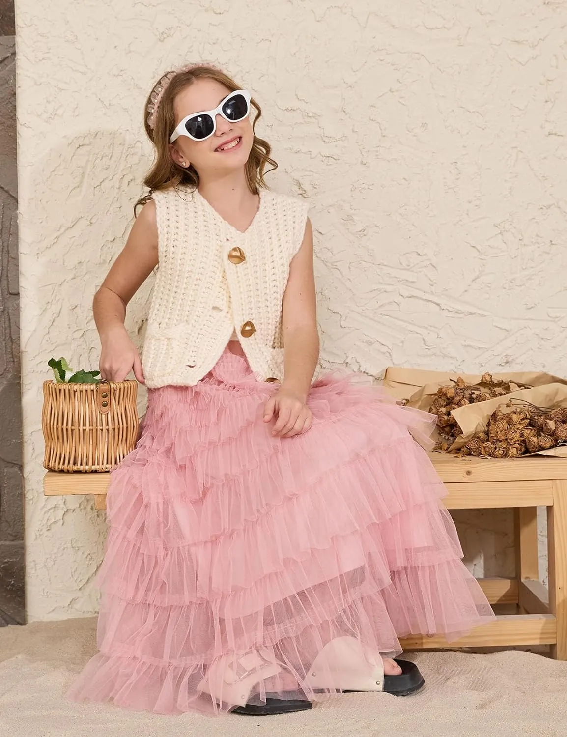 Flygo Girls Sweater Vest Chunky Button Down Crochet Knit Cardigan Trendy Sleeveless Sweaters Top with Pockets 5-14 Years