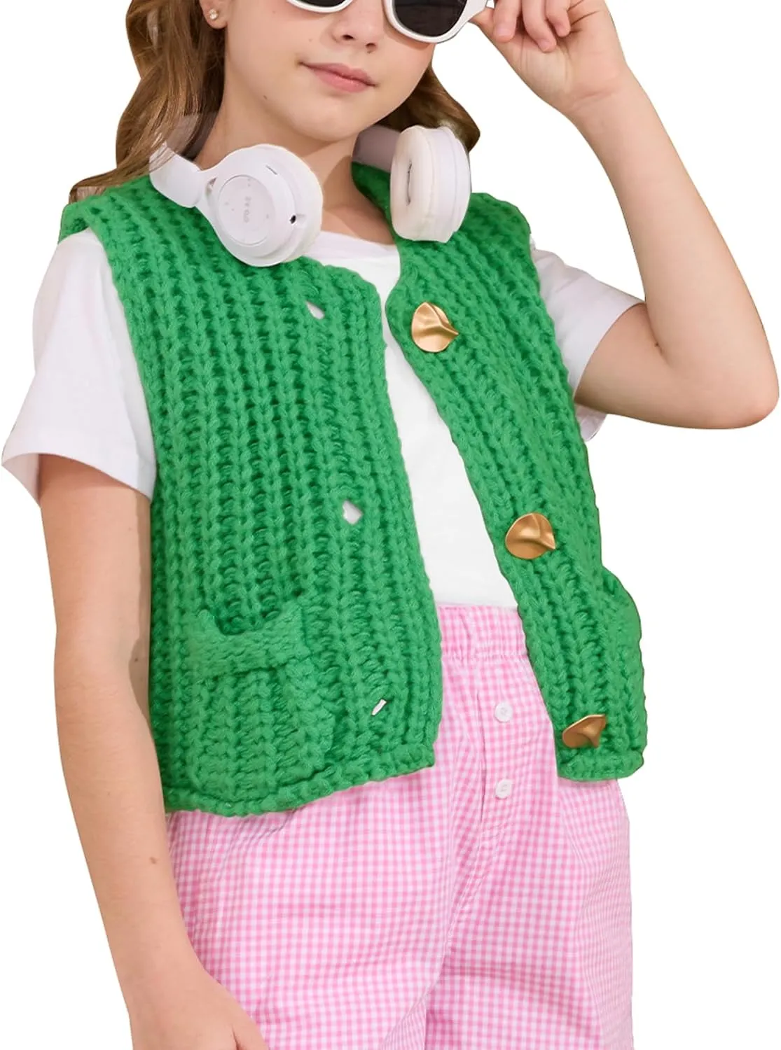 Flygo Girls Sweater Vest Chunky Button Down Crochet Knit Cardigan Trendy Sleeveless Sweaters Top with Pockets 5-14 Years
