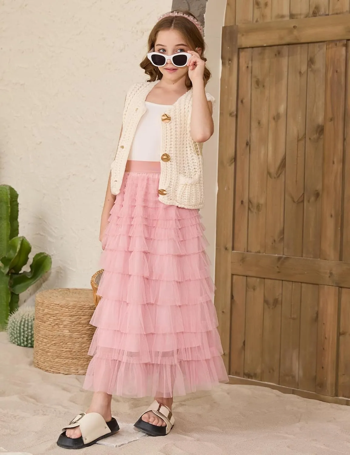 Flygo Girls Sweater Vest Chunky Button Down Crochet Knit Cardigan Trendy Sleeveless Sweaters Top with Pockets 5-14 Years