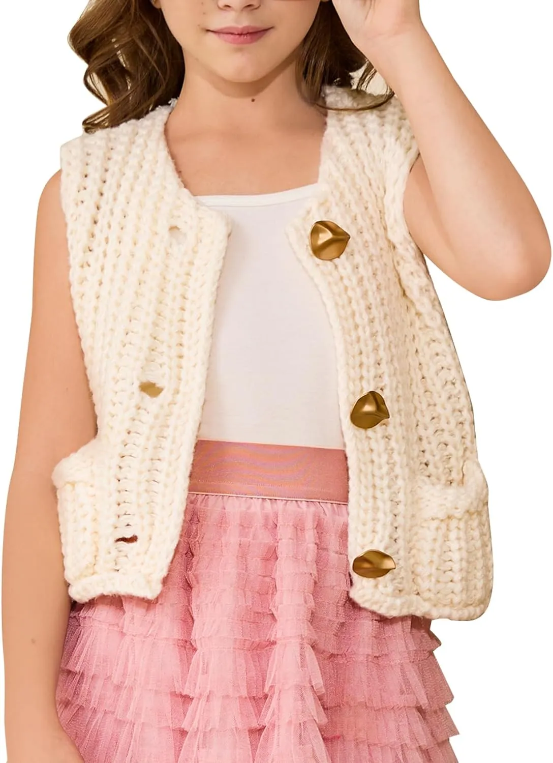 Flygo Girls Sweater Vest Chunky Button Down Crochet Knit Cardigan Trendy Sleeveless Sweaters Top with Pockets 5-14 Years