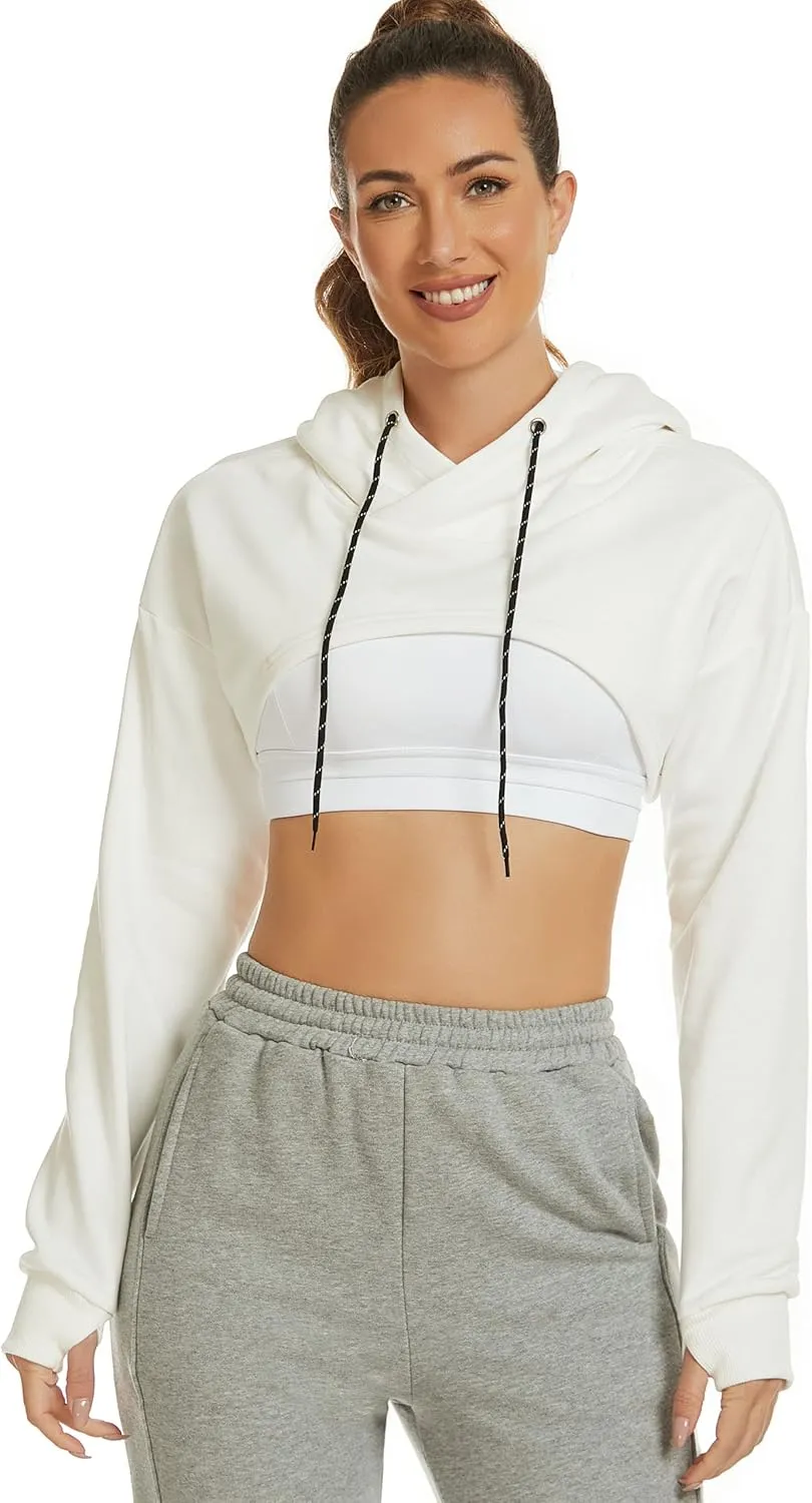 Flygo Women's Cut Out Super Cropped Hoodie Long Sleeve Hooded Sweatshirt Pullover Active Top