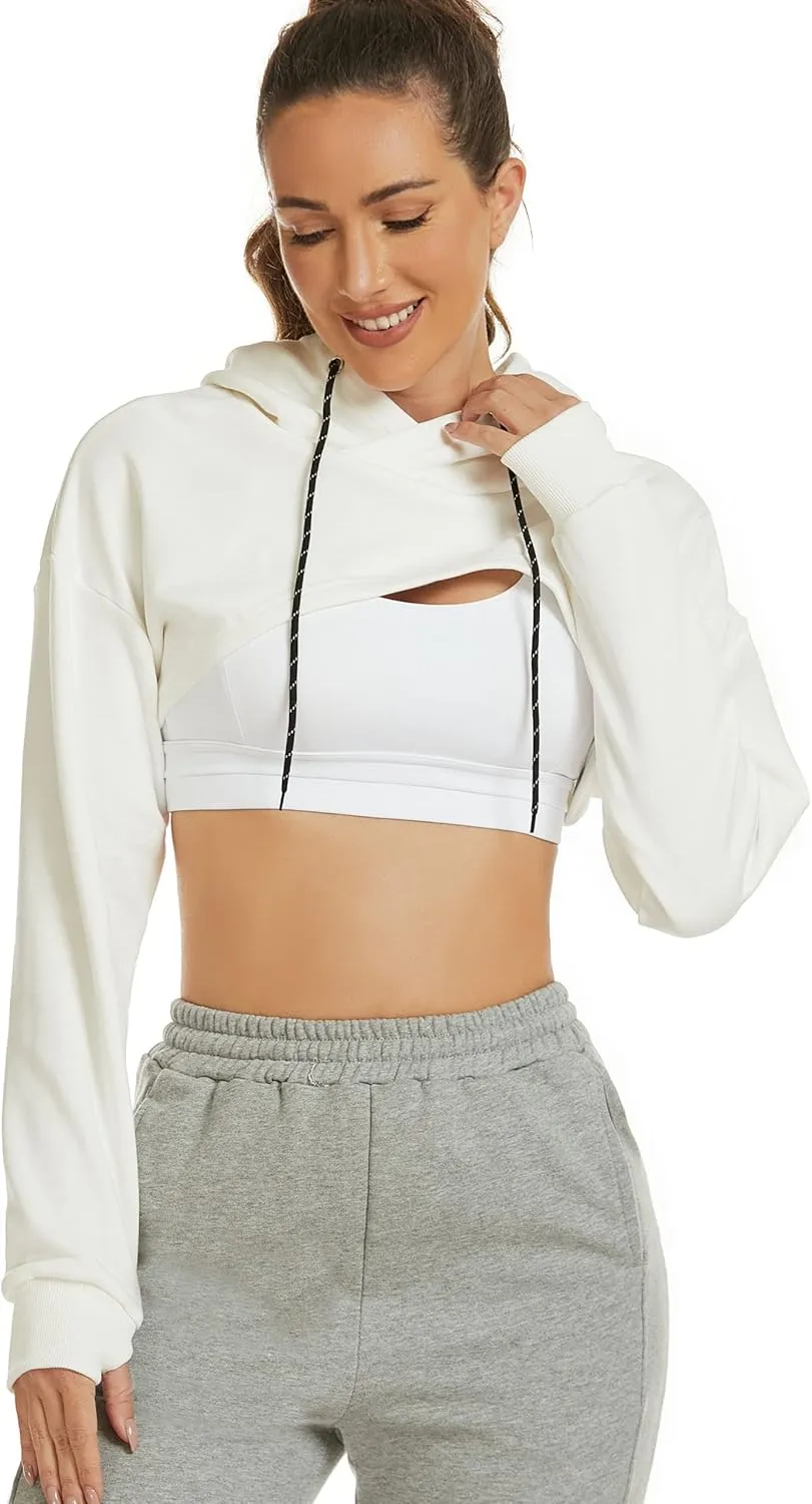 Flygo Women's Cut Out Super Cropped Hoodie Long Sleeve Hooded Sweatshirt Pullover Active Top