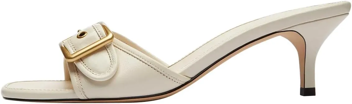 FSJ Women Low Kitten Heel Mules Comfortable Square Open Toe Slip On Sandals Studs Buckled Strap Slides Summer Fashion Slippers Size 4-16 US