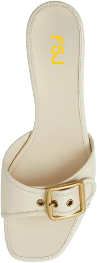 FSJ Women Low Kitten Heel Mules Comfortable Square Open Toe Slip On Sandals Studs Buckled Strap Slides Summer Fashion Slippers Size 4-16 US