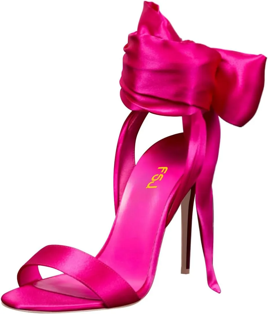 FSJ Women Open Toe Stiletto High Heel Sandals Lace-up Cute Satin Bowknot Heeled Sandals Sexy Strappy Summer Wedding Party Dress Shoes Size 4-16 US