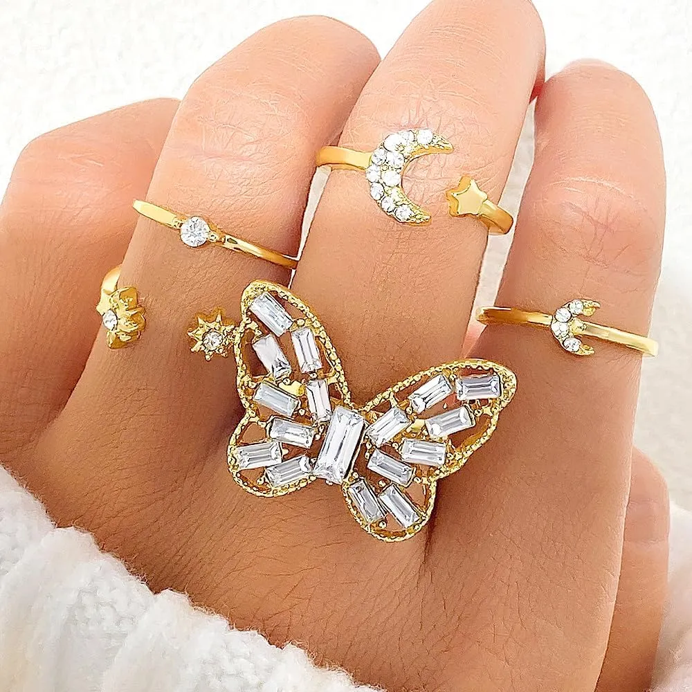 FUTIMELY 18k Gold Knuckle Rings Set for Women,Trendy Cubic Zirconia Butterfly Stackable Midi Rings Set,Charming Birthday Jewelry Gift