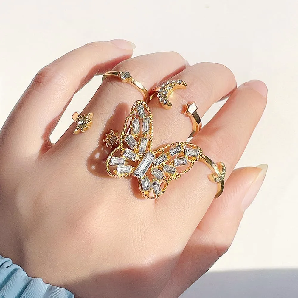 FUTIMELY 18k Gold Knuckle Rings Set for Women,Trendy Cubic Zirconia Butterfly Stackable Midi Rings Set,Charming Birthday Jewelry Gift