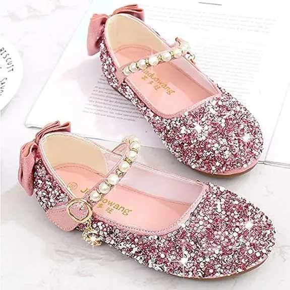 Girls Mary Jane Sequin Dress Shoes Toddler Cute Wedding Party Flat Shoes