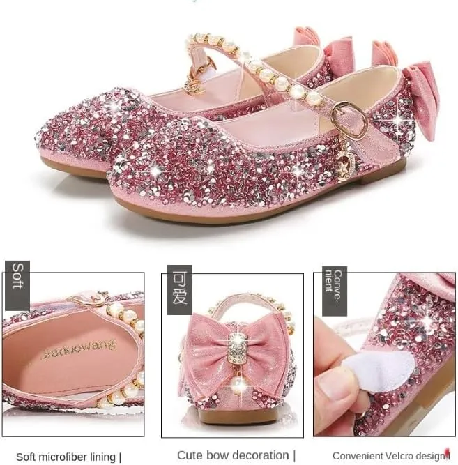 Girls Mary Jane Sequin Dress Shoes Toddler Cute Wedding Party Flat Shoes