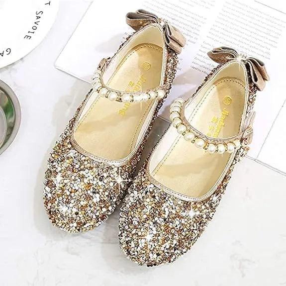 Girls Mary Jane Sequin Dress Shoes Toddler Cute Wedding Party Flat Shoes