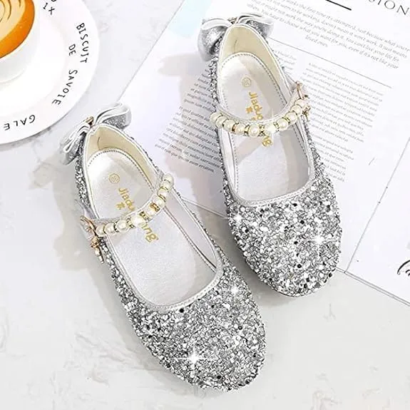 Girls Mary Jane Sequin Dress Shoes Toddler Cute Wedding Party Flat Shoes