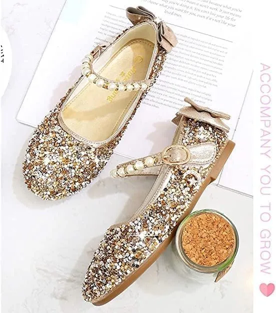 Girls Mary Jane Sequin Dress Shoes Toddler Cute Wedding Party Flat Shoes