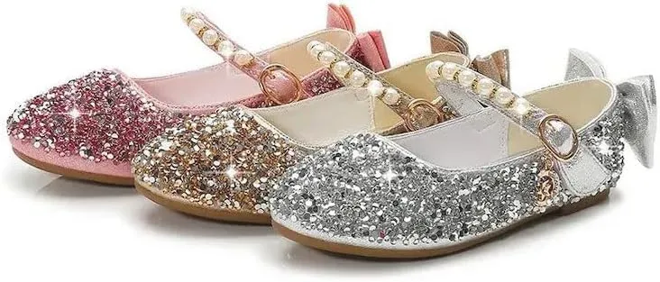 Girls Mary Jane Sequin Dress Shoes Toddler Cute Wedding Party Flat Shoes