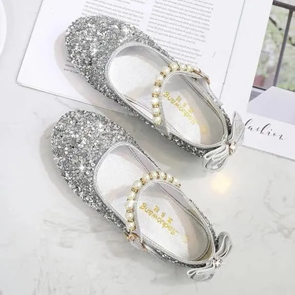 Girls Mary Jane Sequin Dress Shoes Toddler Cute Wedding Party Flat Shoes