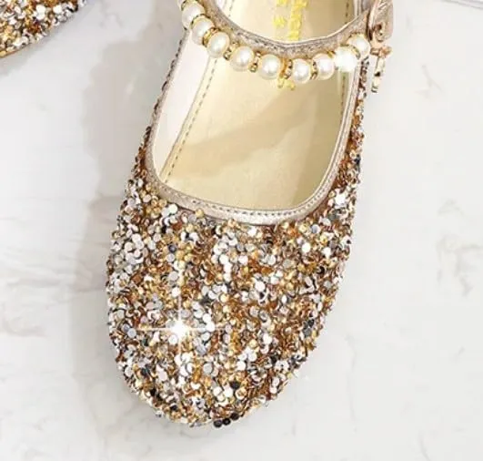 Girls Mary Jane Sequin Dress Shoes Toddler Cute Wedding Party Flat Shoes