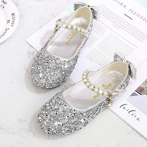 Girls Mary Jane Sequin Dress Shoes Toddler Cute Wedding Party Flat Shoes