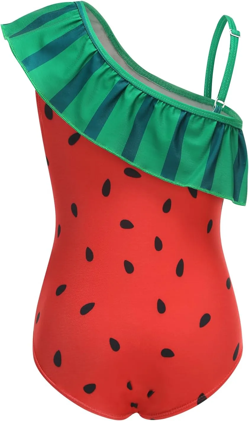 Girls One Piece Swimsuits One Shoulder Ruffle Bathing Suit Swimwear for Summer Hawaiian Runs Large Size Down for Fit
