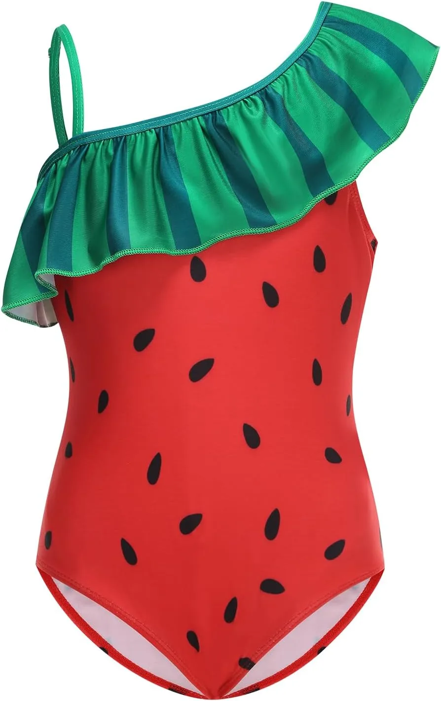 Girls One Piece Swimsuits One Shoulder Ruffle Bathing Suit Swimwear for Summer Hawaiian Runs Large Size Down for Fit