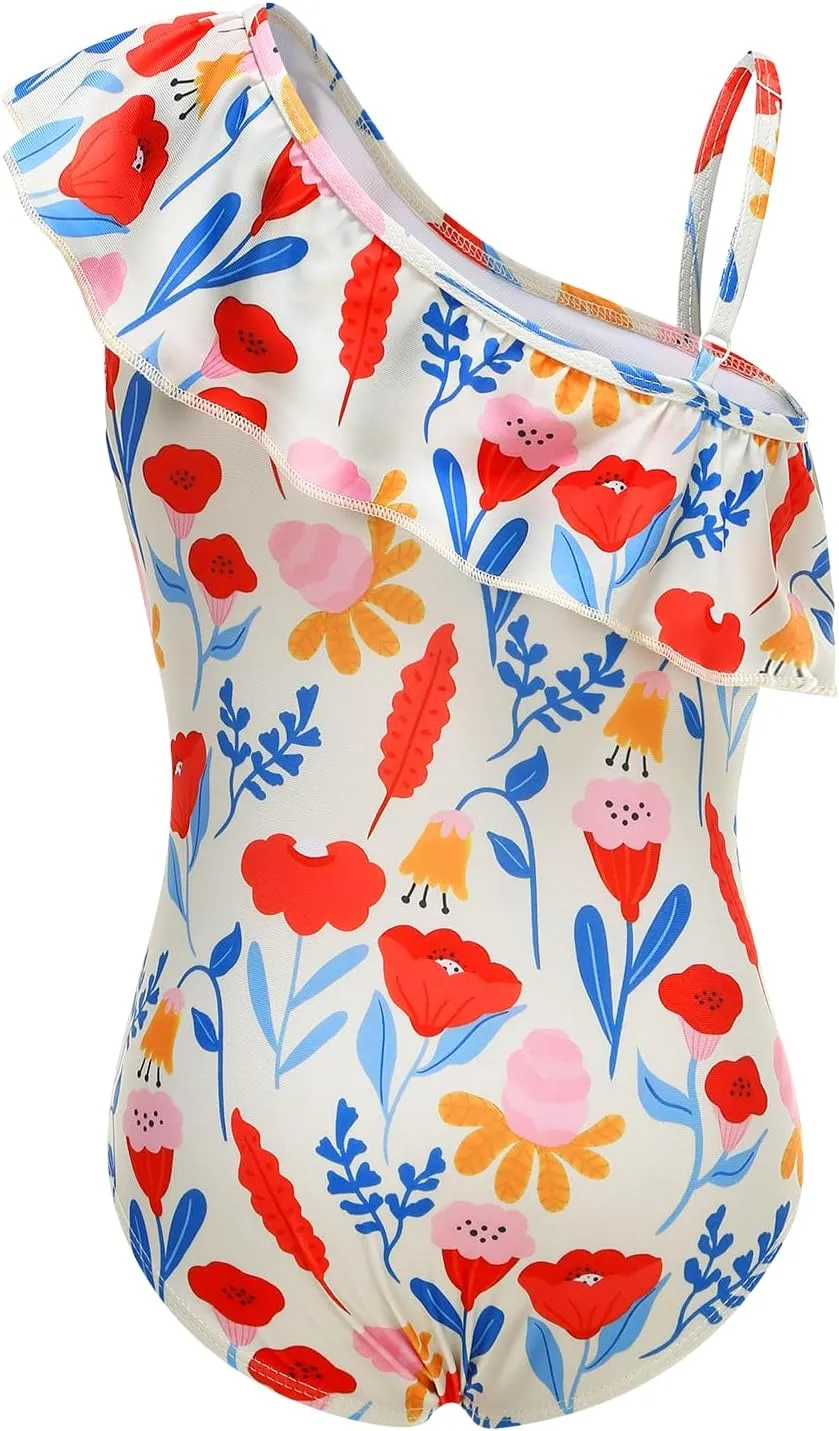 Girls One Piece Swimsuits One Shoulder Ruffle Bathing Suit Swimwear for Summer Hawaiian Runs Large Size Down for Fit