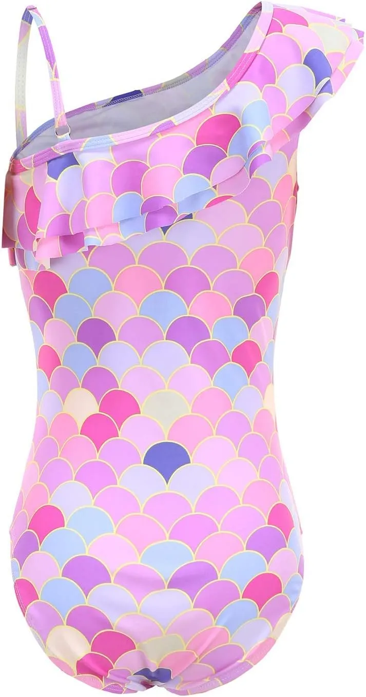 Girls One Piece Swimsuits One Shoulder Ruffle Swimwear Floral Bathing Suit