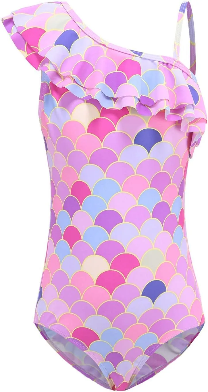 Girls One Piece Swimsuits One Shoulder Ruffle Swimwear Floral Bathing Suit