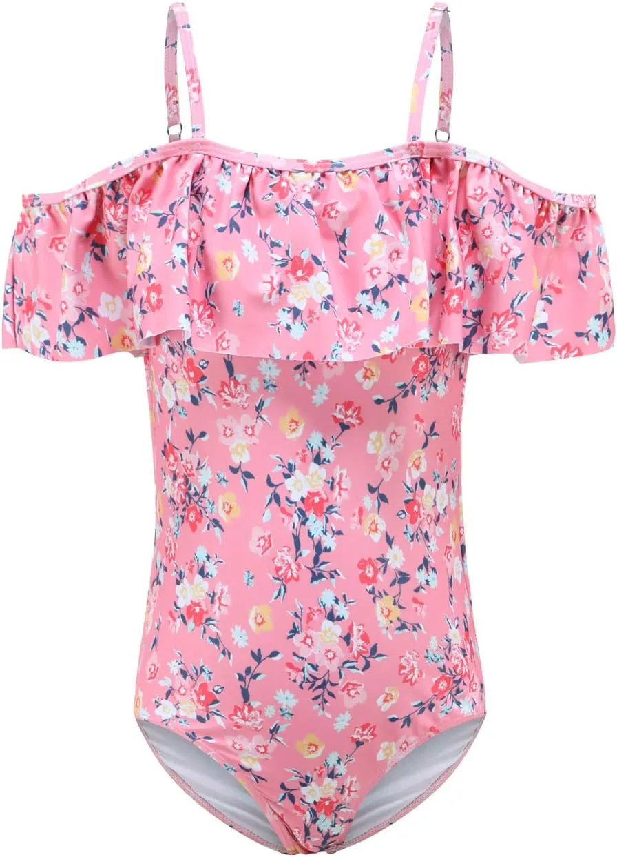 Girls One Piece Swimsuits One Shoulder Ruffle Swimwear Floral Bathing Suit