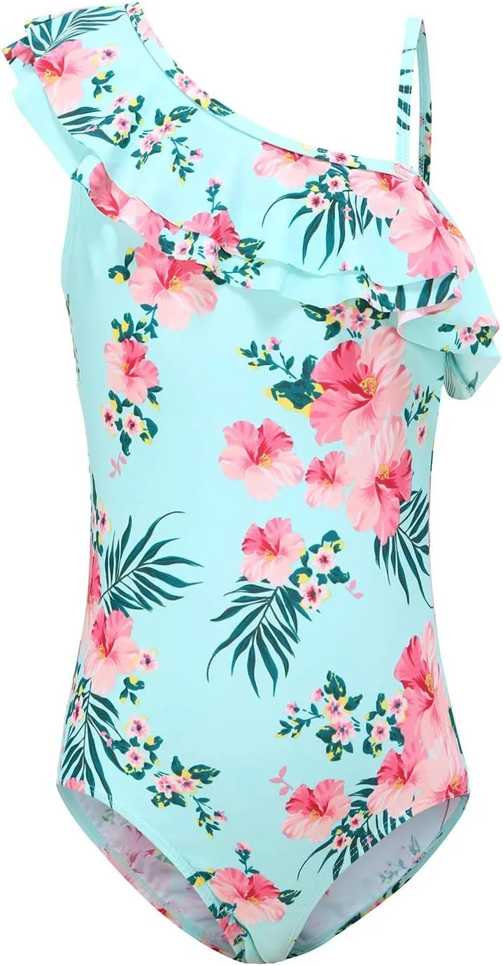 Girls One Piece Swimsuits One Shoulder Ruffle Swimwear Floral Bathing Suit