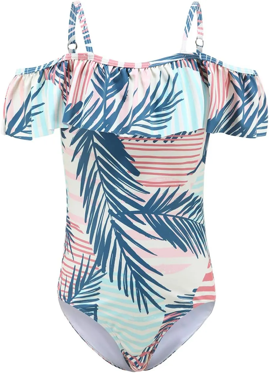 Girls One Piece Swimsuits One Shoulder Ruffle Swimwear Floral Bathing Suit