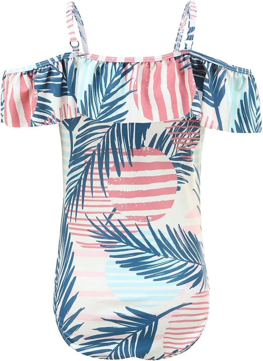 Girls One Piece Swimsuits One Shoulder Ruffle Swimwear Floral Bathing Suit