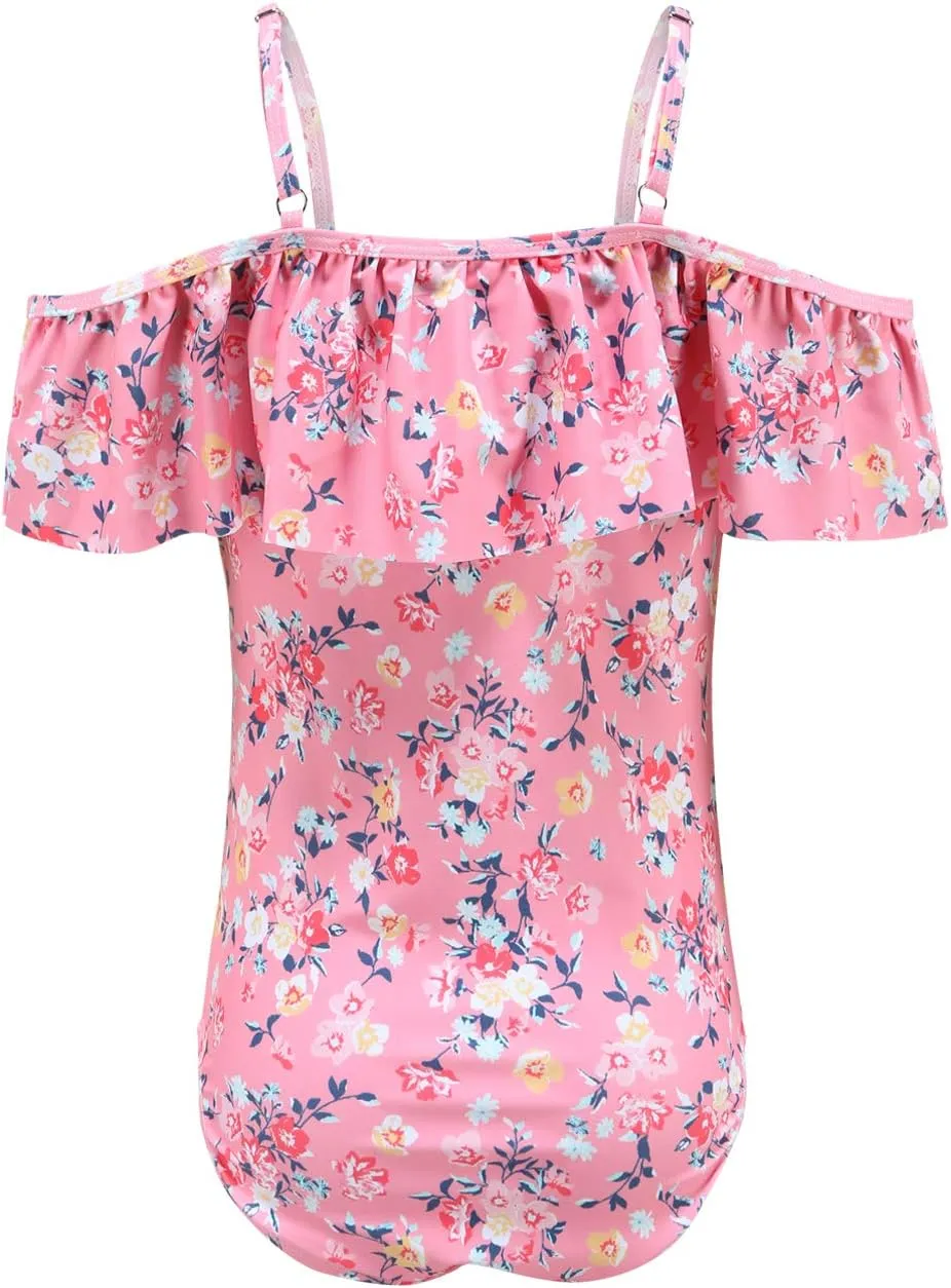 Girls One Piece Swimsuits One Shoulder Ruffle Swimwear Floral Bathing Suit