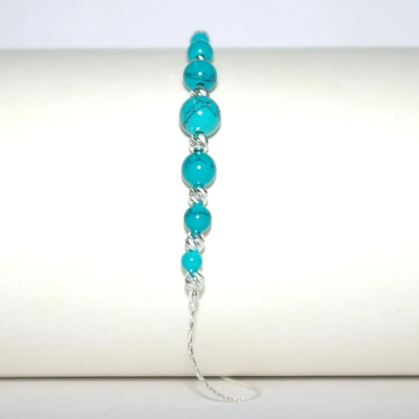 Graduated Turquoise Beads Beaded Anklet/Ankle Bracelet, Real 925 Sterling Silver Chain and Laser Cut/Diamond Cut Beads. Custom Handmade by BalliSilver to your Size. (10" - 25cm)