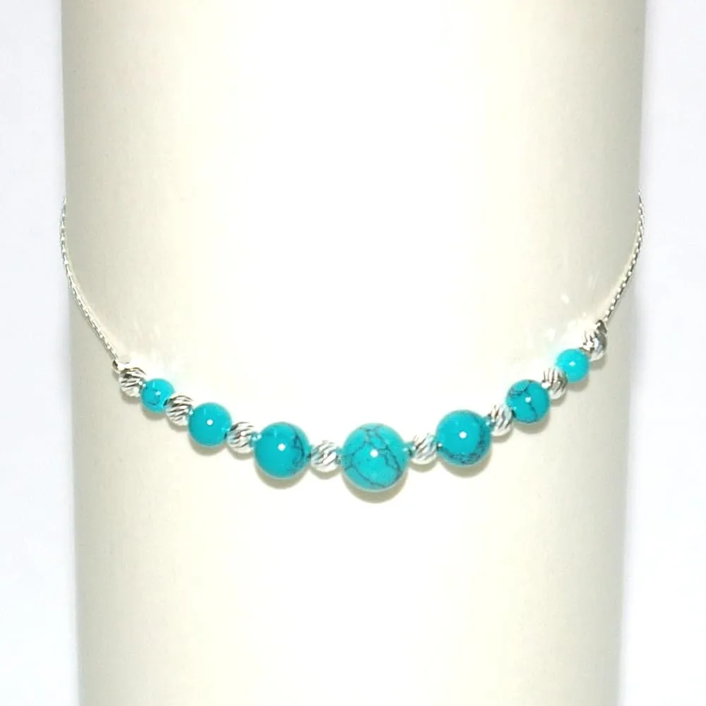 Graduated Turquoise Beads Beaded Anklet/Ankle Bracelet, Real 925 Sterling Silver Chain and Laser Cut/Diamond Cut Beads. Custom Handmade by BalliSilver to your Size. (10" - 25cm)