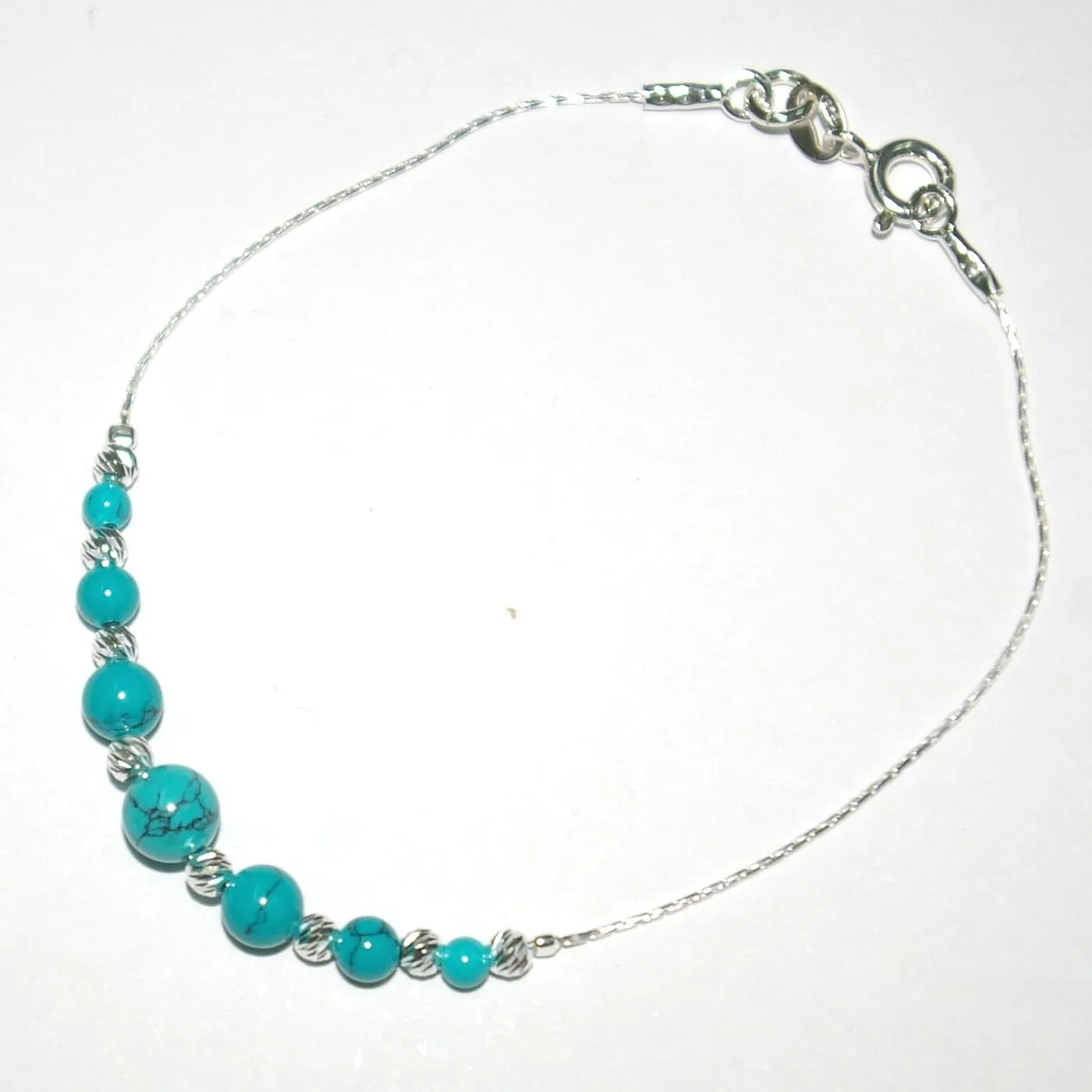 Graduated Turquoise Beads Beaded Anklet/Ankle Bracelet, Real 925 Sterling Silver Chain and Laser Cut/Diamond Cut Beads. Custom Handmade by BalliSilver to your Size. (10" - 25cm)