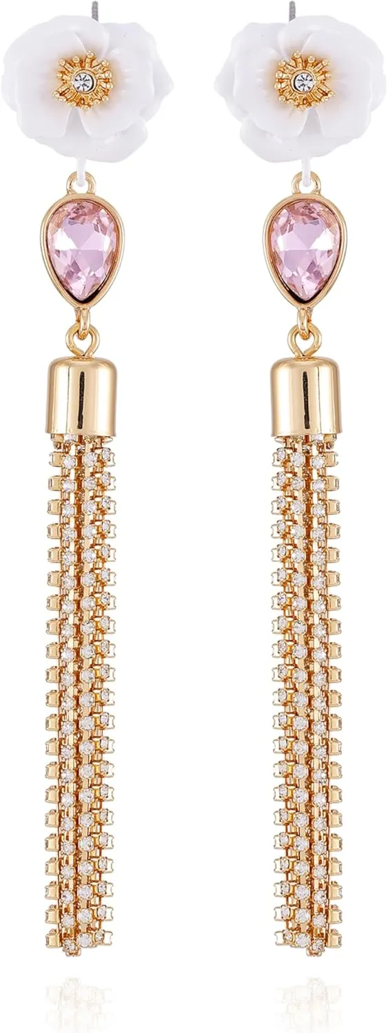 GUESS Goldtone Flower Stud Fringe Chain Dangle Earrings