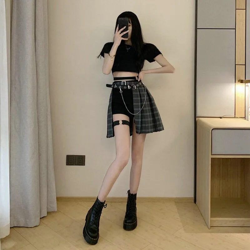 Harajuku Punk Style Plaid Irregular Skirts Gothic Women Hollowed Out High Waist Pleated Mini Skater Female Streetwear Clothing