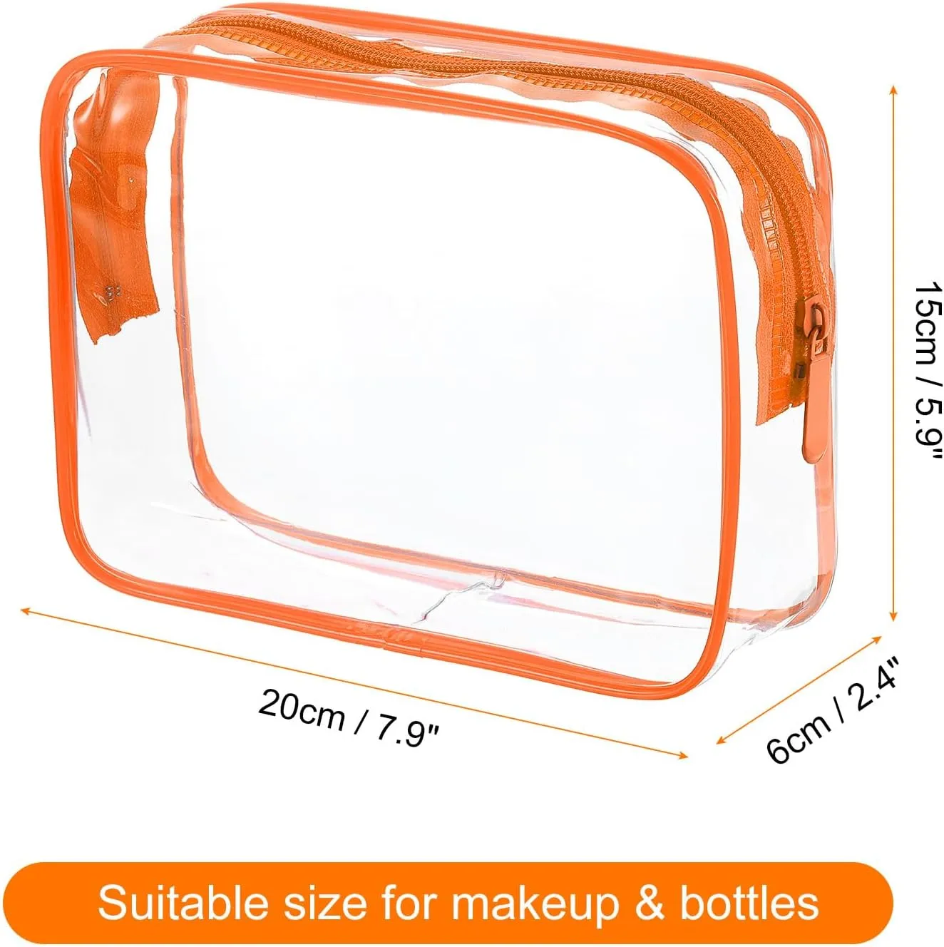HARFINGTON 2pcs Clear Toiletry Bag Quart Size TSA Approved PVC Makeup Cosmetic Bag for Women Travel Transparent Organizer Airport Airline Compliant, Orange