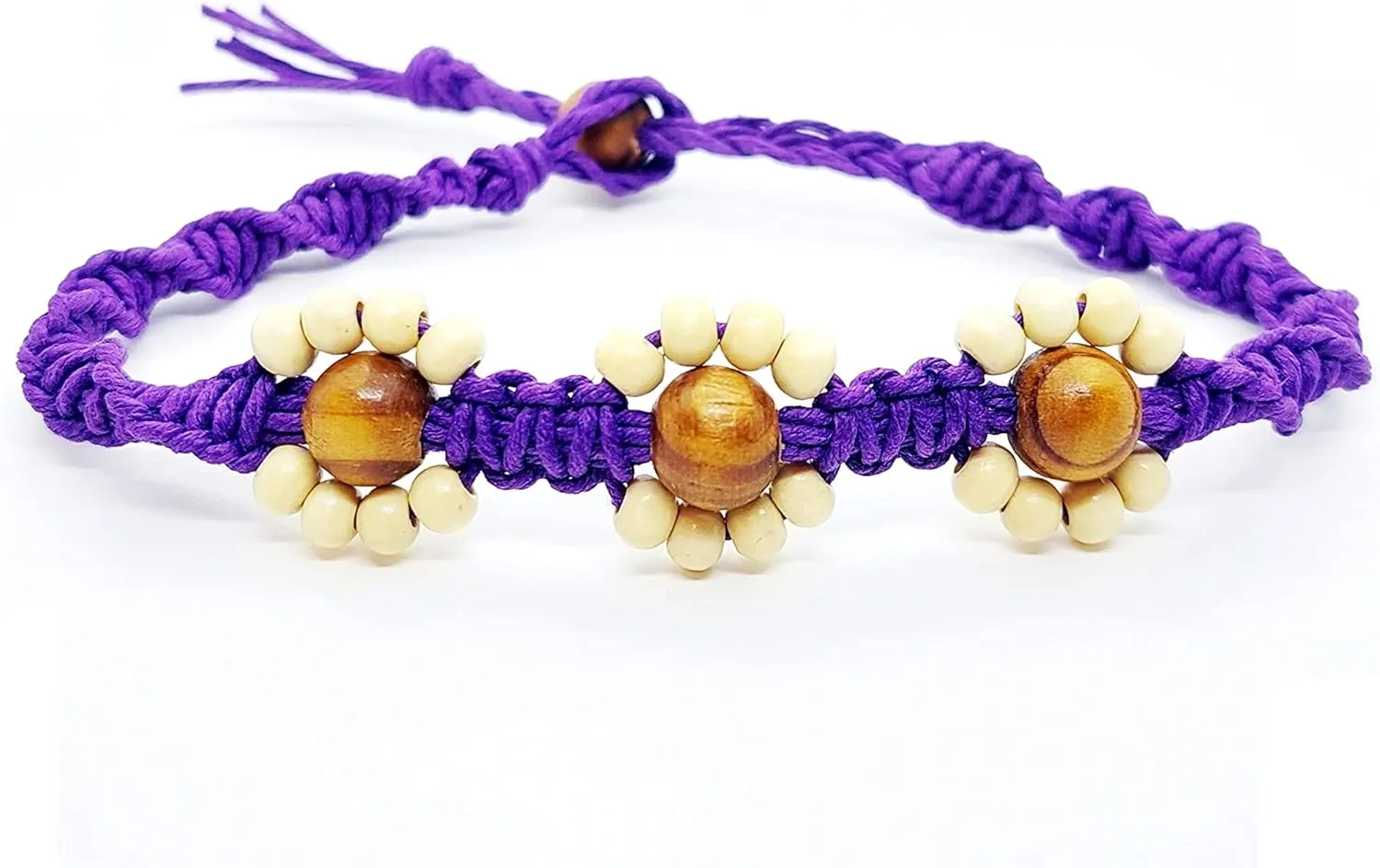 Hawaiian Inspired Beaded Purple Flower Adjustable Hemp Anklet Bracelet - Handmade