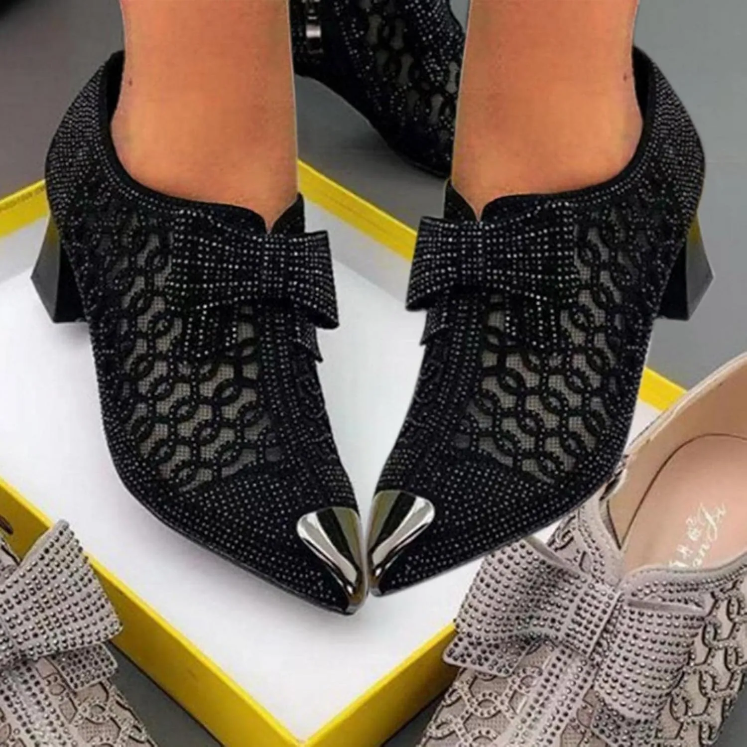 Hbeylia Dress Boots For Women Ladies Sexy Fashion Breathable Glitter Lace Hollow Out Pointed Toe Chunky Block Mid Heels Ankle Booties With Side Zipper Dressy Pump Short Boots For Wedding Party Favor