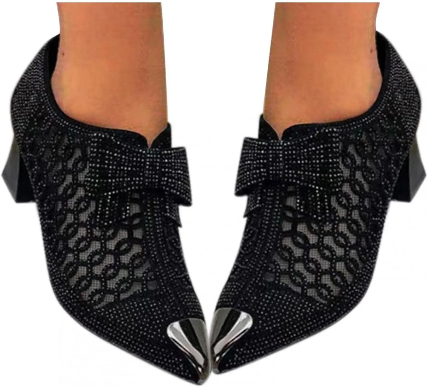 Hbeylia Dress Boots For Women Ladies Sexy Fashion Breathable Glitter Lace Hollow Out Pointed Toe Chunky Block Mid Heels Ankle Booties With Side Zipper Dressy Pump Short Boots For Wedding Party Favor