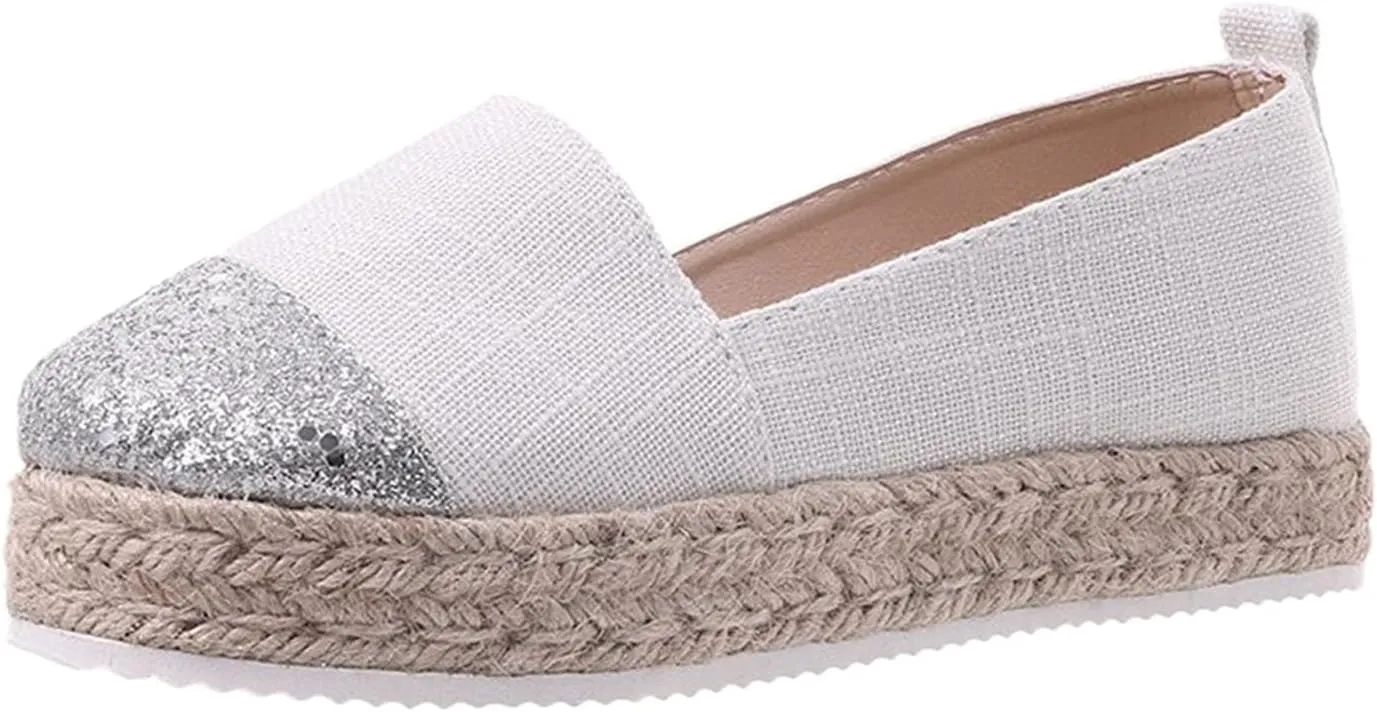 Hbeylia Platform Espadrilles for Women Breathable Cotton Linen Glitter Sequin Closed Toe Slip On Sneaker Shoes High Heel Dress Loafer Ballet Flat for Ladies (White, 6.5-7)