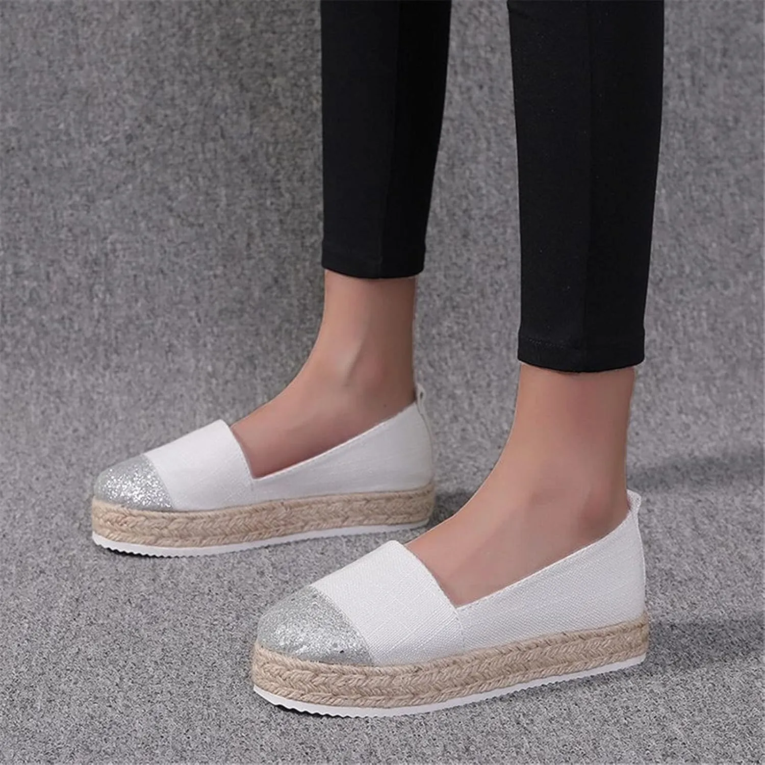 Hbeylia Platform Espadrilles for Women Breathable Cotton Linen Glitter Sequin Closed Toe Slip On Sneaker Shoes High Heel Dress Loafer Ballet Flat for Ladies (White, 6.5-7)