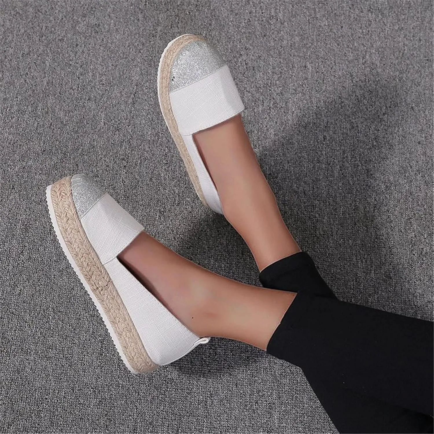 Hbeylia Platform Espadrilles for Women Breathable Cotton Linen Glitter Sequin Closed Toe Slip On Sneaker Shoes High Heel Dress Loafer Ballet Flat for Ladies (White, 6.5-7)
